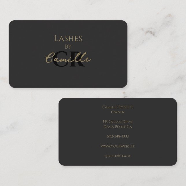 Black Modern Script Lashes Business Card (Front/Back)