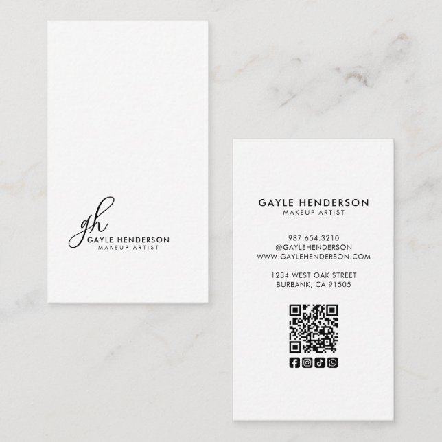 Black Modern Script Logo QR Code Monogram Makeup Business Card (Front/Back)