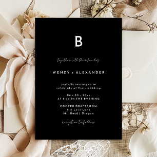 Black Modern Script Monogram Wedding Invitation