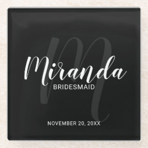 Black Modern Script Personalised Bridesmaids Glass Coaster