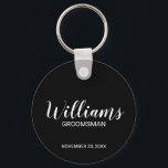 Black Modern Script Personalised Groomsman Key Ring<br><div class="desc">Personalised Groomsman Gifts
featuring personalised groomsman's name in white modern script font style with title and wedding date in modern sans serif font style on black background.

Also perfect for best man,  father of the bride,  bridesmaid,  maid of honour,  mother of the bride and more.</div>