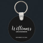 Black Modern Script Personalised Groomsman Key Ring<br><div class="desc">Personalised Groomsman Gifts
featuring personalised groomsman's name in white modern script font style with title and wedding date in modern sans serif font style on black background.

Also perfect for best man,  father of the bride,  bridesmaid,  maid of honour,  mother of the bride and more.</div>