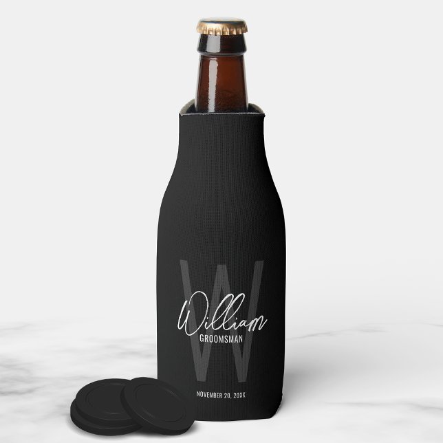 Black Modern Script Personalised Groomsman's Name Bottle Cooler (Creator Uploaded)