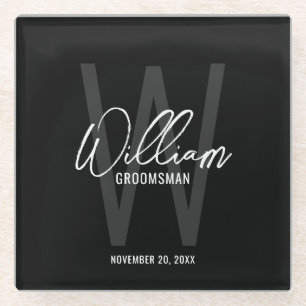Black Modern Script Personalised Groomsman's Name Glass Coaster