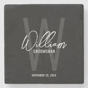 Black Modern Script Personalised Groomsman's Name Stone Coaster
