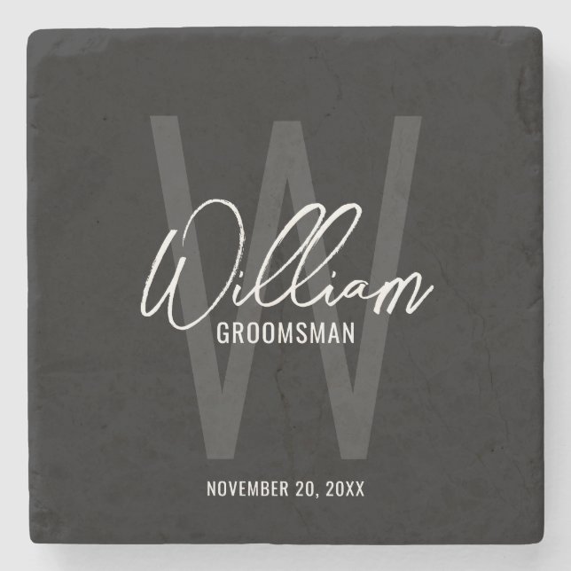 Black Modern Script Personalised Groomsman's Name  Stone Coaster (Front)