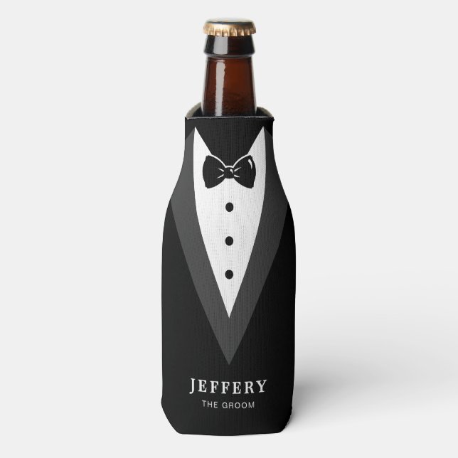 Black Modern Script Personalised Groomsmen  Bottle Cooler (Bottle Front)