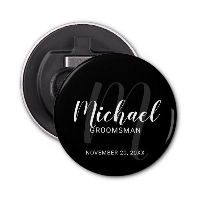 Black Modern Script Personalised Groomsmen Bottle Opener (Front)
