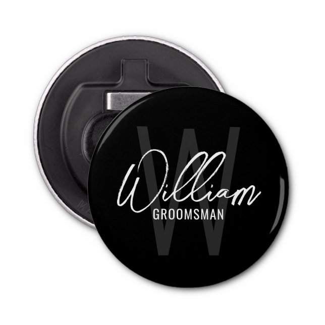 Black Modern Script Personalised Groomsmen Bottle Opener (Front)