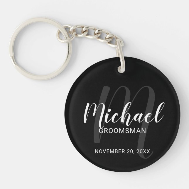 Black Modern Script Personalised Groomsmen Key Ring (Front)