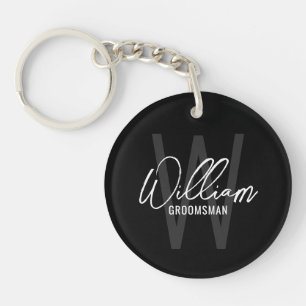 Black Modern Script Personalised Groomsmen Key Ring