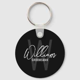 Black Modern Script Personalised Groomsmen Key Ring