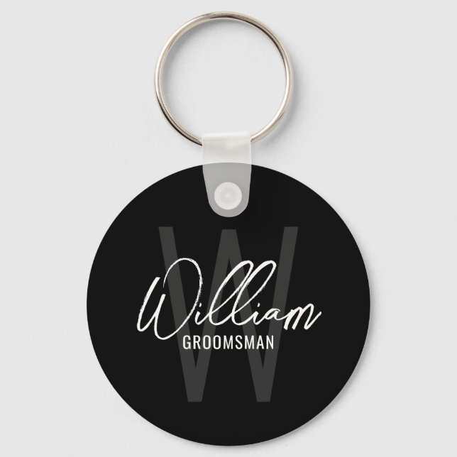 Black Modern Script Personalised Groomsmen Key Ring (Front)