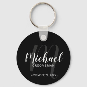 Black Modern Script Personalised Groomsmen Key Ring