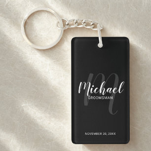 Black Modern Script Personalised Groomsmen Key Ring