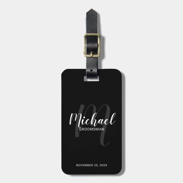 Black Modern Script Personalised Groomsmen Luggage Tag (Front Vertical)