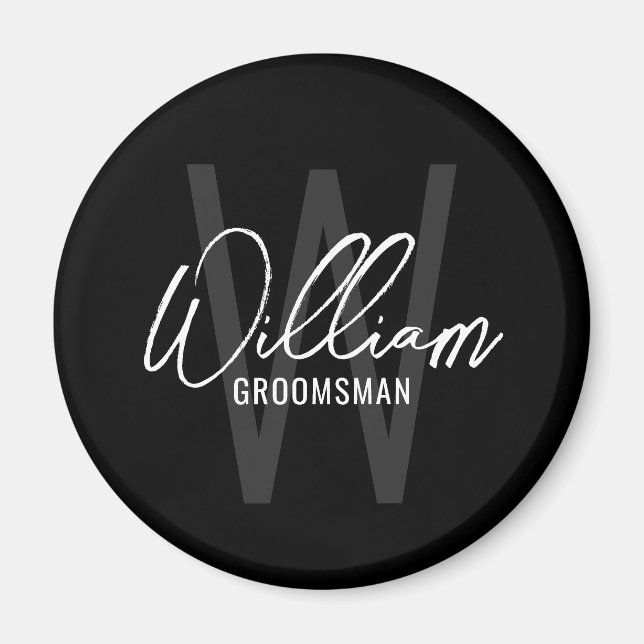 Black Modern Script Personalised Groomsmen Magnet (Front)