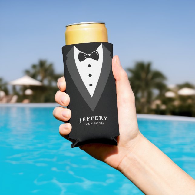 Black Modern Script Personalised Groomsmen  Seltzer Can Cooler (In Situ Pool)