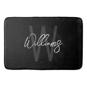 Black Modern Script Personalised Monogram and Name Bath Mat
