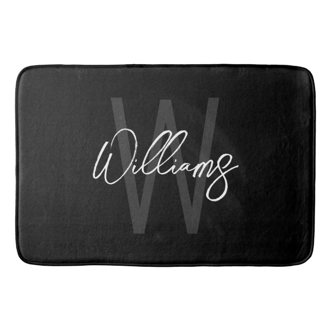 Black Modern Script Personalised Monogram and Name Bath Mat (Front)