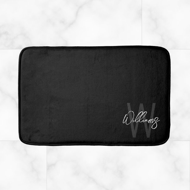 Black Modern Script Personalised Monogram and Name Bath Mat (Creator Uploaded)