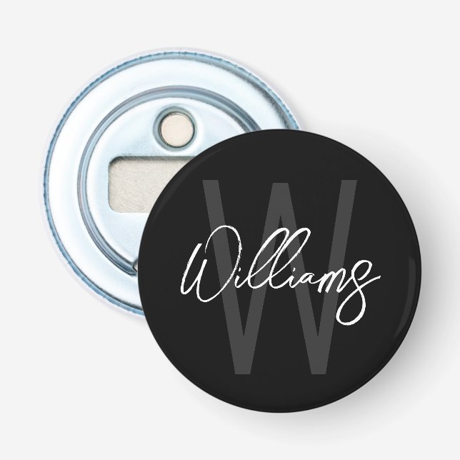 Black Modern Script Personalised Monogram and Name Bottle Opener (Front)