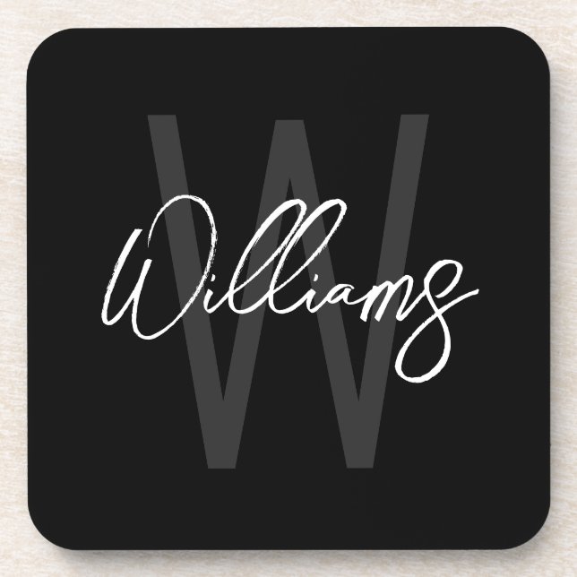 Black Modern Script Personalised Monogram and Name Coaster (Front)