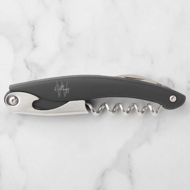 Black Modern Script Personalised Monogram and Name Corkscrew (Front)