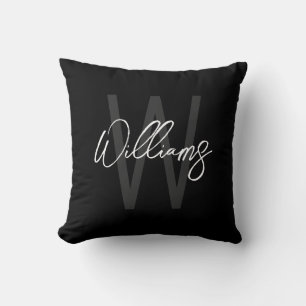 Black Modern Script Personalised Monogram and Name Cushion