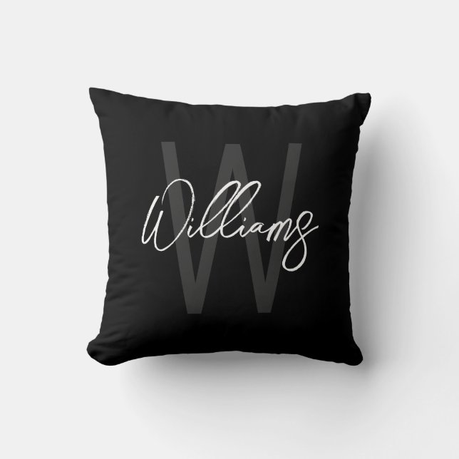 Black Modern Script Personalised Monogram and Name Cushion (Front)