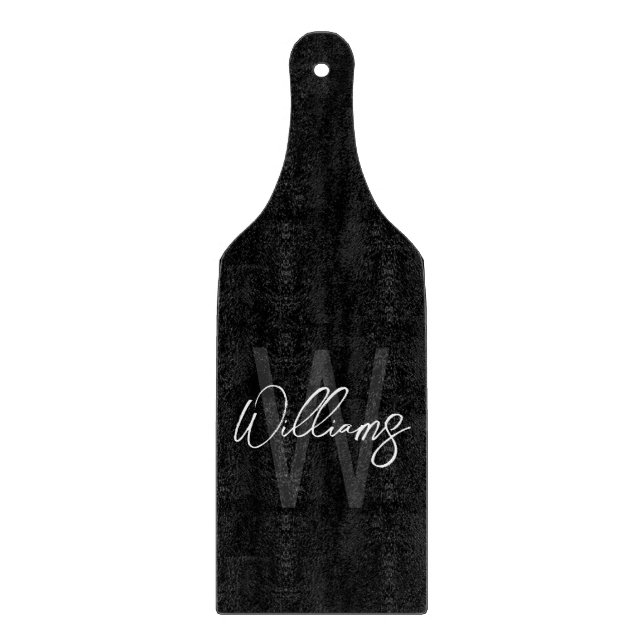 Black Modern Script Personalised Monogram and Name Cutting Board (Front)