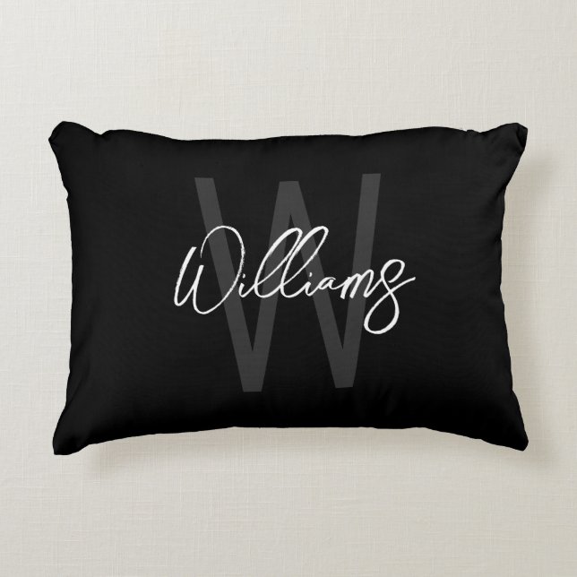 Black Modern Script Personalised Monogram and Name Decorative Cushion (Front)