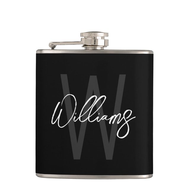 Black Modern Script Personalised Monogram and Name Hip Flask (Front)
