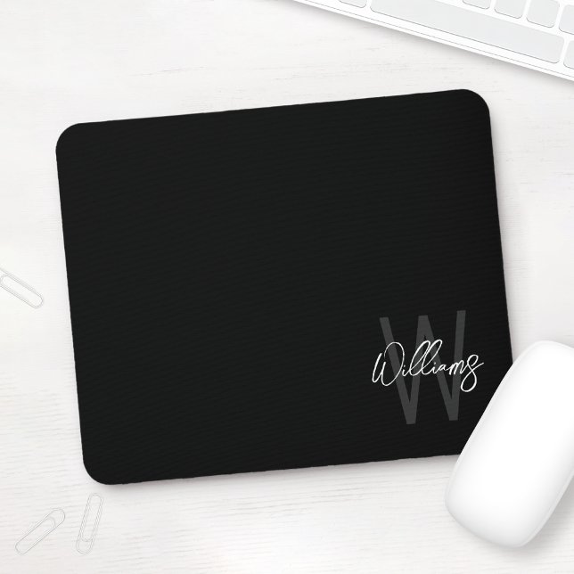 Black Modern Script Personalised Monogram and Name Mouse Pad (Creator Uploaded)
