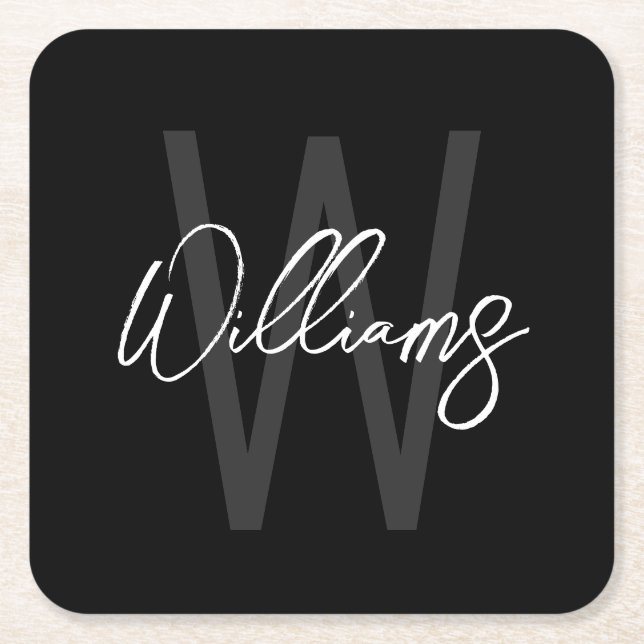 Black Modern Script Personalised Monogram and Name Square Paper Coaster (Front)