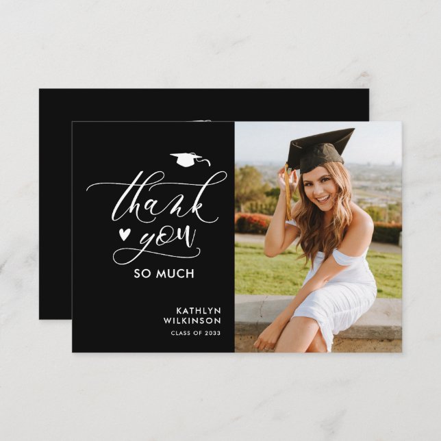Black Modern Script Photo Minimalist Graduation Thank You Card (Front/Back)