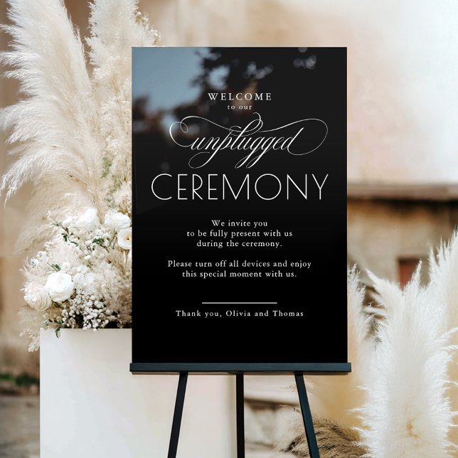 Black Modern Script Unplugged Ceremony  Acrylic Sign (Unplugged Ceremony Black Modern Wedding Acrylic Sign)