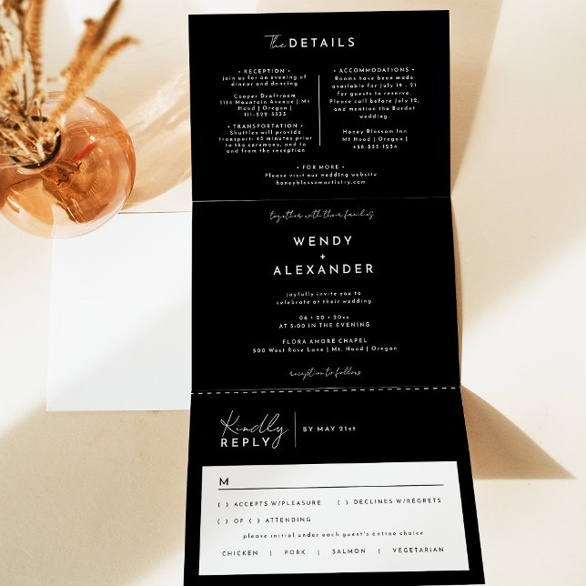 Black Modern Script Wedding All in One Tri-Fold Invitation (Creator Uploaded)
