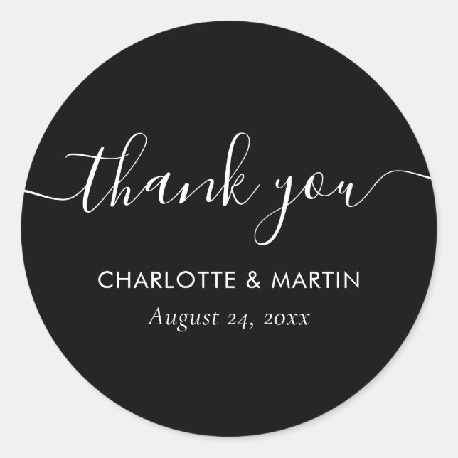 Black Modern Script Wedding Shower Thank You Classic Round Sticker (Front)