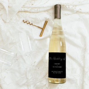 Black Modern Script Wedding Wine Label