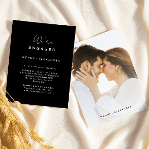 Black Modern Script We're Engaged Photo Engagement Invitation