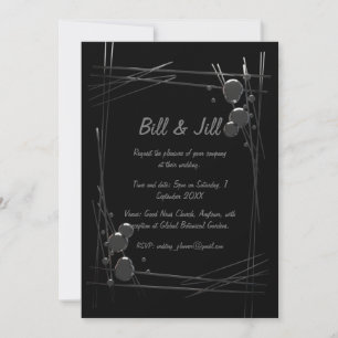 Black Modern Silver Abstract + Bubble Art Wedding Invitation