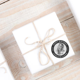 Black Modern Simple Classic Happy Birthday Photo Classic Round Sticker