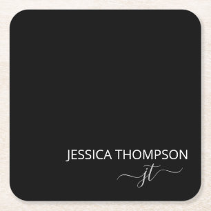 Black Modern Simple Elegant Monogram Name  Square Paper Coaster