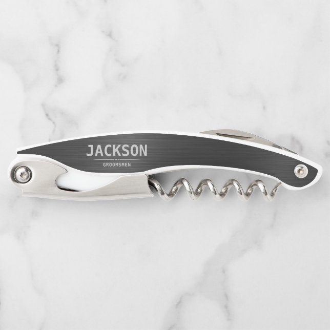 Black Modern Simple Name Personalised Groomsmen Corkscrew (Front)