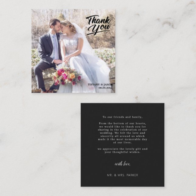 Black Modern Simple Photo HandLettered Thank  Card (Front/Back)
