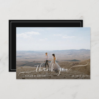 Black Modern Simple Photo Script Wedding Thank You Card