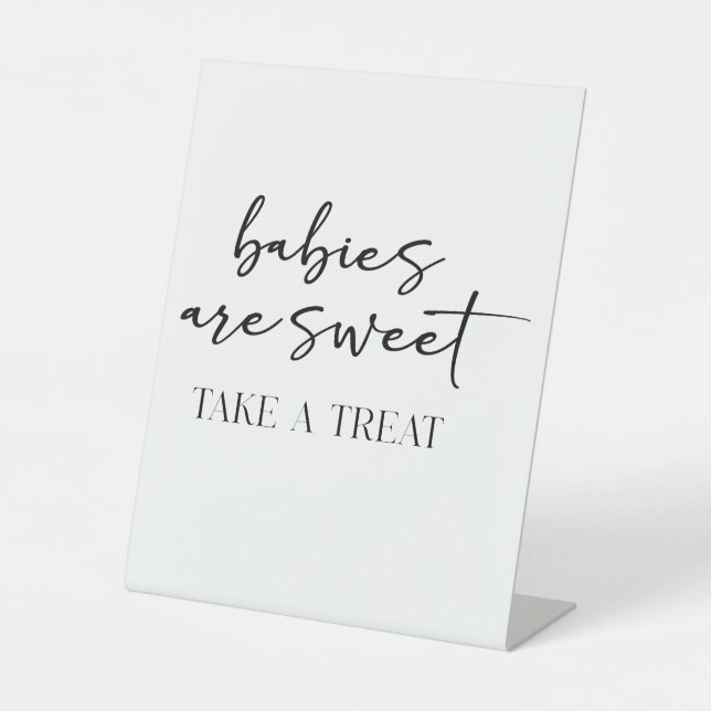 Black Modern Simple Scrip Baby Shower Favor Pedestal Sign (Front)