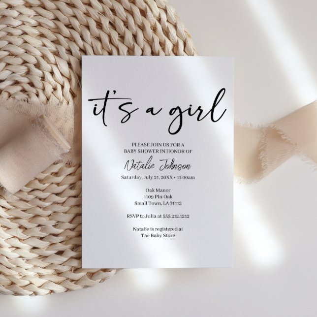 Black Modern Simple Script Girl Baby Invitation (Creator Uploaded)