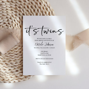 Black Modern Simple Script Twins Baby Shower Invitation
